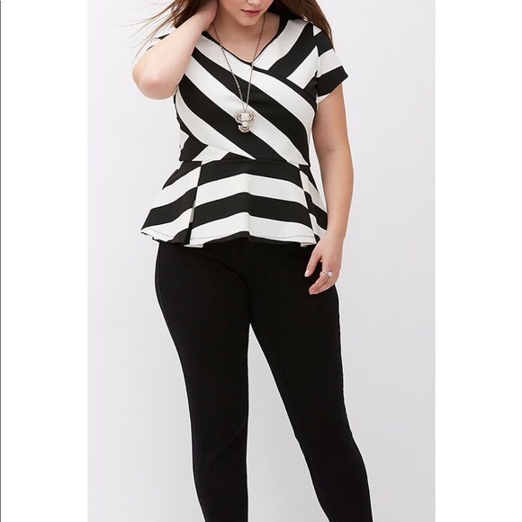 Lane Bryant Tops - LANE BRYANT black white stripe peplum top with zip